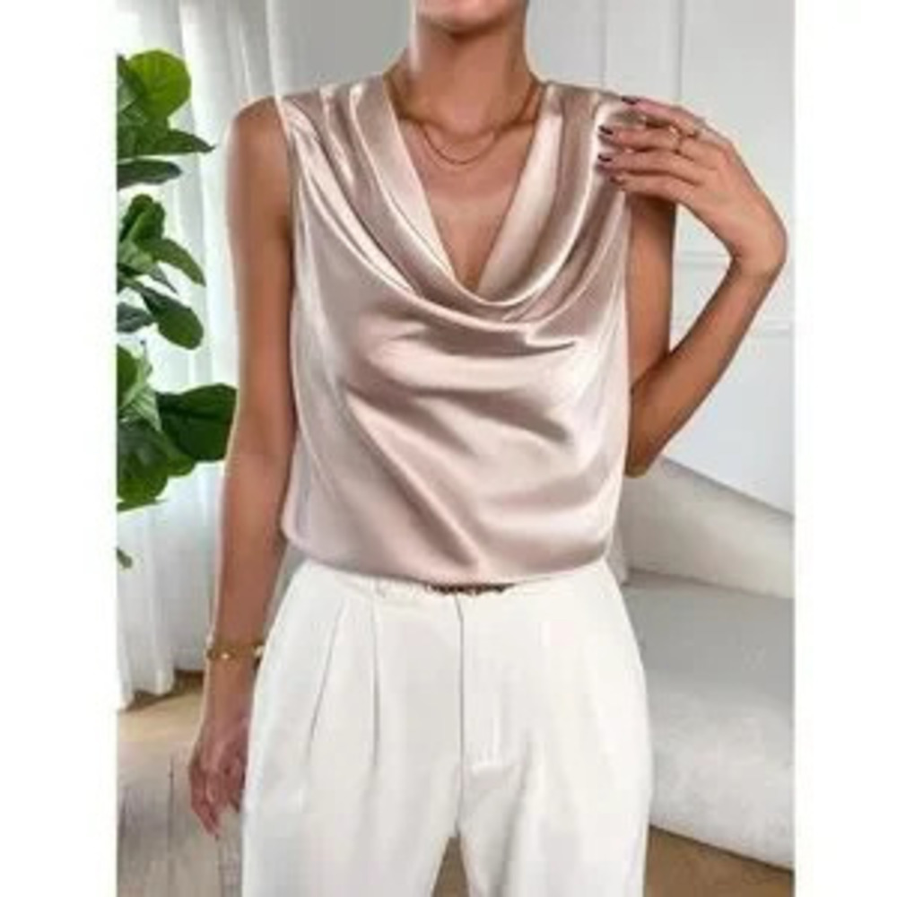 Satin Draped Cowl Neck Sleeveless Blouse Cream Beige - Picture 5 of 5
